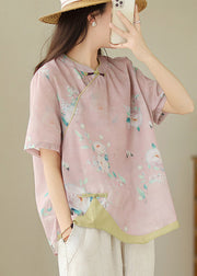 Chinese Style Orange Stand Collar Print Button Linen Shirts Short Sleeve