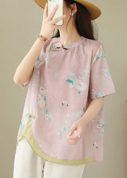 Chinese Style Orange Stand Collar Print Button Linen Shirts Short Sleeve