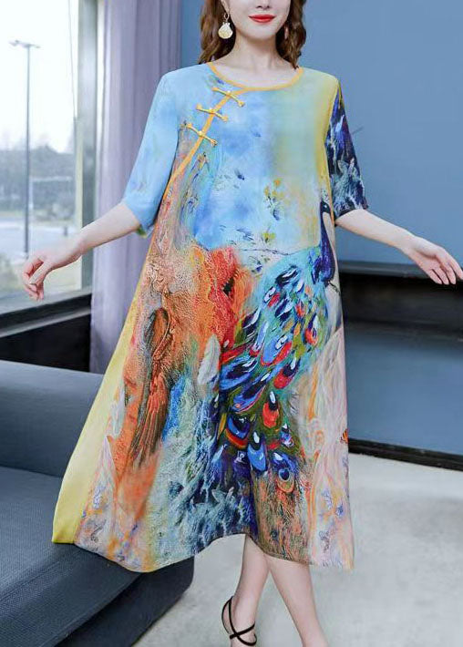 Chinese Style Peacock Blue O Neck Patchwork Chiffon Dress Summer