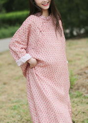 Chinese Style Pink Button Print Cotton Long Dress Spring