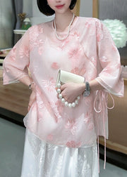 Chinese Style Pink Embroidered Lace Up Tulle Blouses Spring