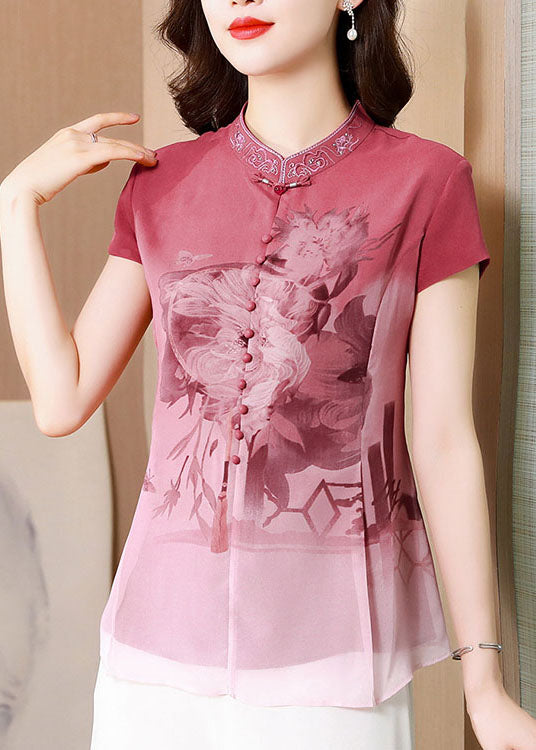 Chinese Style Pink Embroideried Button Patchwork Silk Shirt Tops Summer