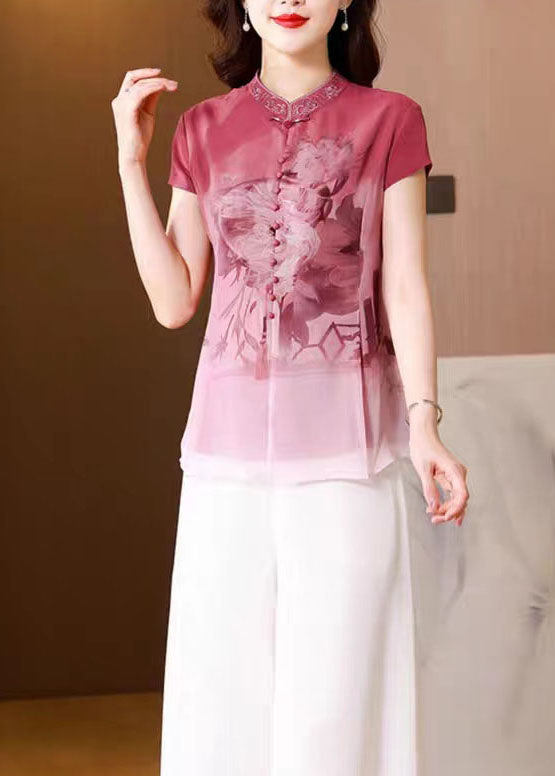 Chinese Style Pink Embroideried Button Patchwork Silk Shirt Tops Summer