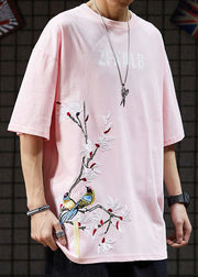 Chinese Style Pink Embroideried Cotton T Shirt Men Casual Clothing Summer