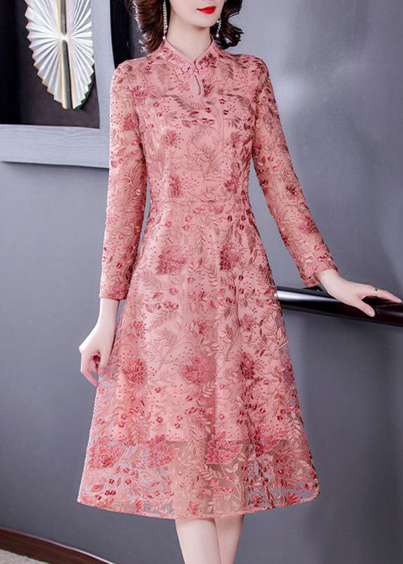 Chinese Style Pink Embroideried Lace Slim Fit Dresses Spring