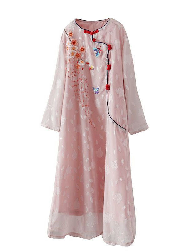 Chinese Style Pink Embroideried Patchwork Chiffon Dress Spring