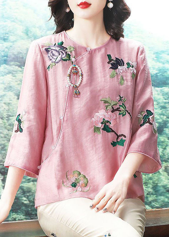 Chinese Style Pink Embroideried Patchwork Chiffon Tops Spring