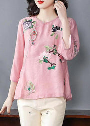 Chinese Style Pink Embroideried Patchwork Chiffon Tops Spring