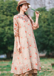 Chinese Style Pink Embroideried Patchwork Linen Long Dress Summer