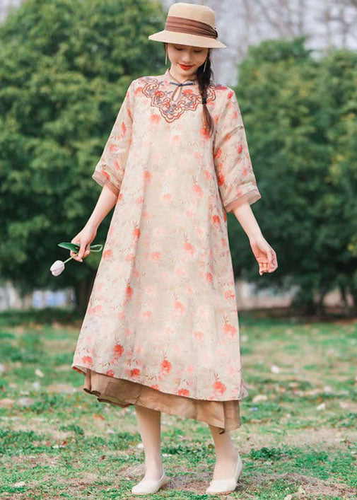 Chinese Style Pink Embroideried Patchwork Linen Long Dress Summer