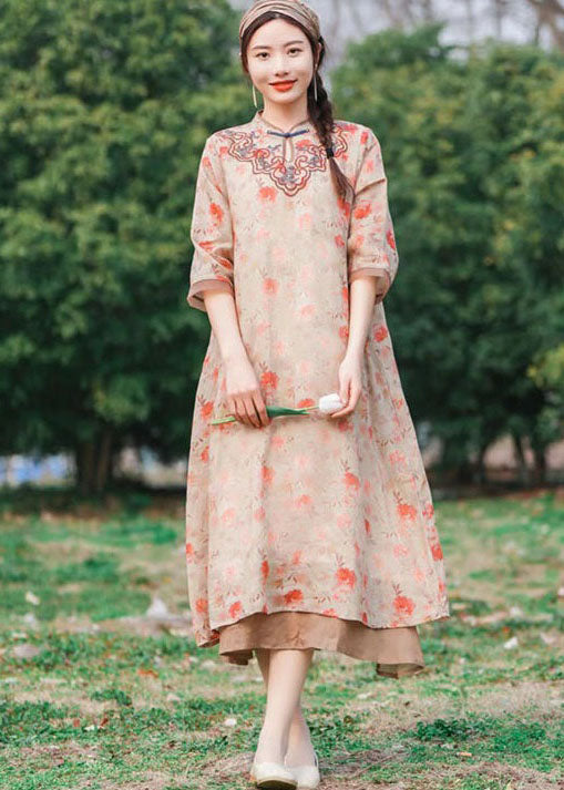 Chinese Style Pink Embroideried Patchwork Linen Long Dress Summer