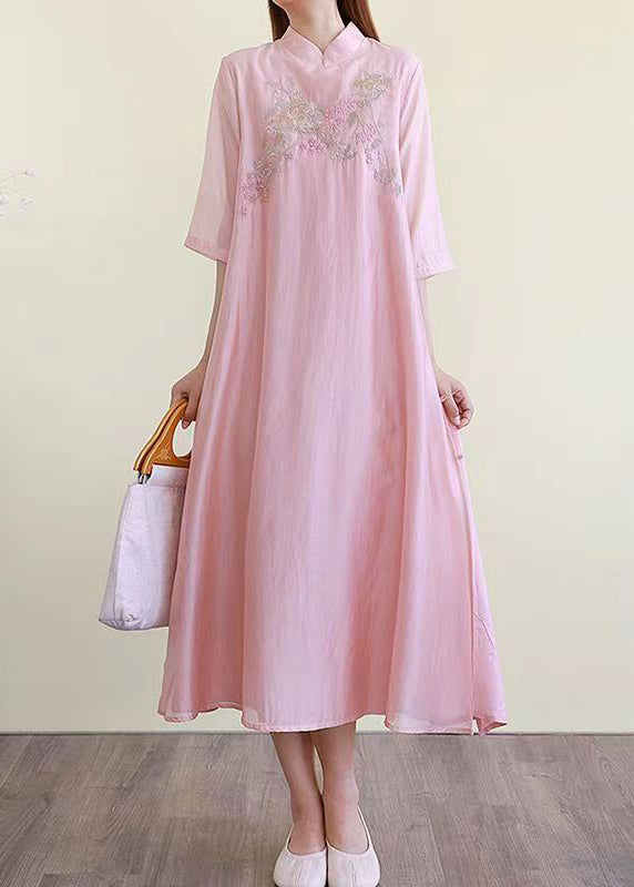 Chinese Style Pink Embroideried Side Open Cotton Dresses Summer