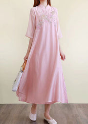 Chinese Style Pink Embroideried Side Open Cotton Dresses Summer