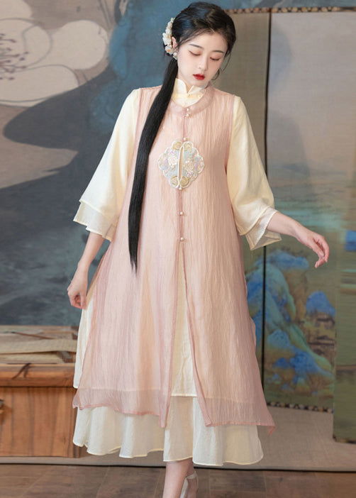 Chinese Style Pink Embroideried Side Open Patchwork Chiffon Two Piece Set Summer