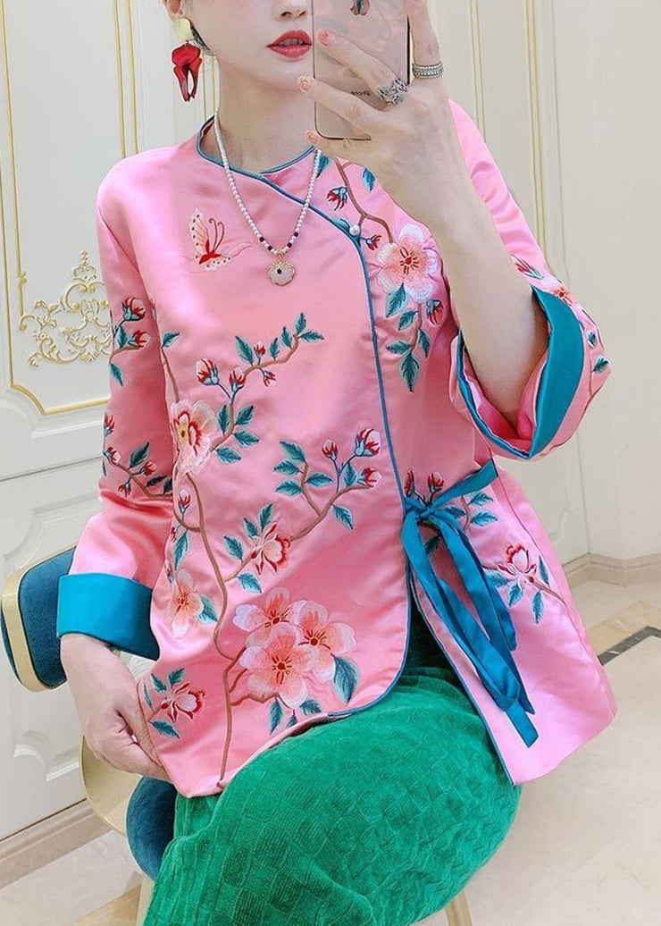 Chinese Style Pink Embroideried Tie Waist Silk Shirt Tops Spring