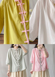 Chinese Style Pink O Neck Lace Up Cotton Shirt Tops Bracelet Sleeve