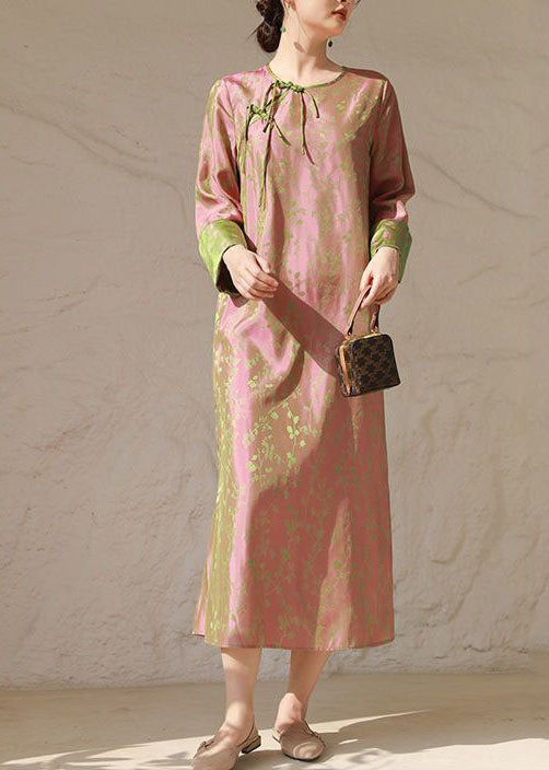 Chinese Style Pink O Neck Tasseled Patchwork Print Silk Dresses Spring