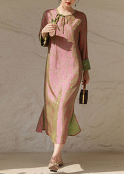 Chinese Style Pink O Neck Tasseled Patchwork Print Silk Dresses Spring