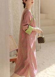 Chinese Style Pink O Neck Tasseled Patchwork Print Silk Dresses Spring