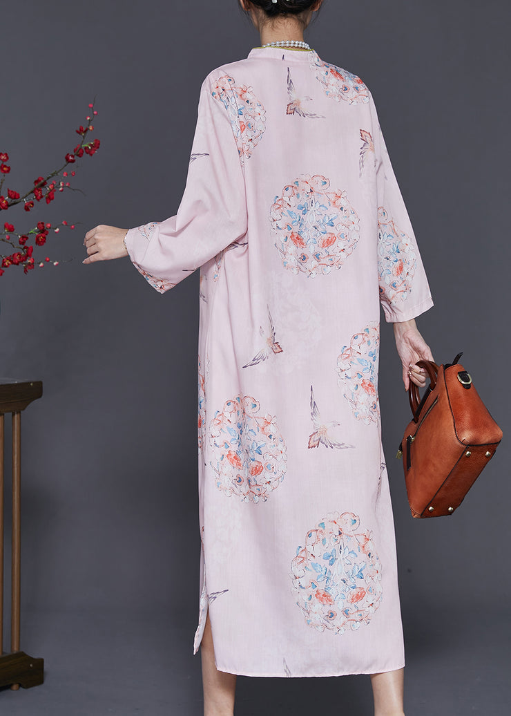 Chinese Style Pink Print Linen Dresses Cheongsam Summer