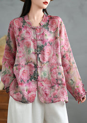 Chinese Style Pink Print Oriental Button Linen Shirts Coat Fall