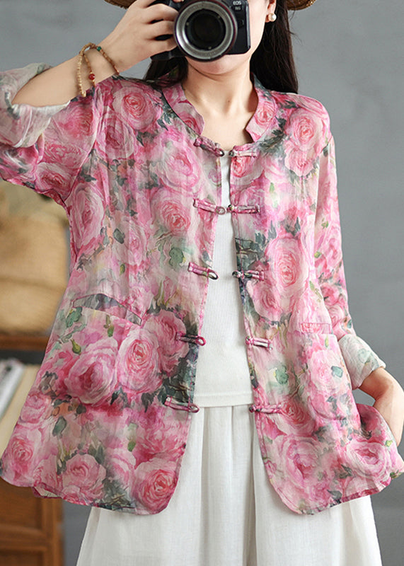 Chinese Style Pink Print Oriental Button Linen Shirts Coat Fall