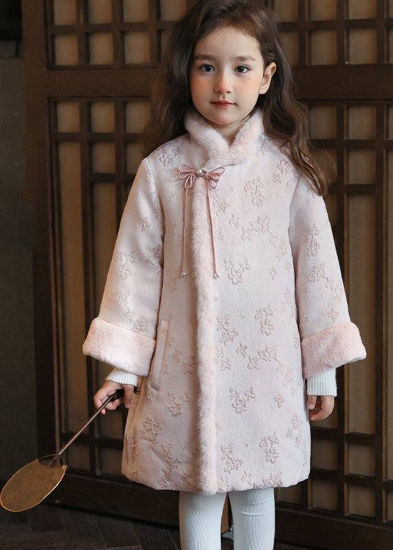 Chinese Style Pink Stand Collar Bow Print Kids Girls Maxi Parka Winter