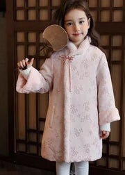 Chinese Style Pink Stand Collar Bow Print Kids Girls Maxi Parka Winter