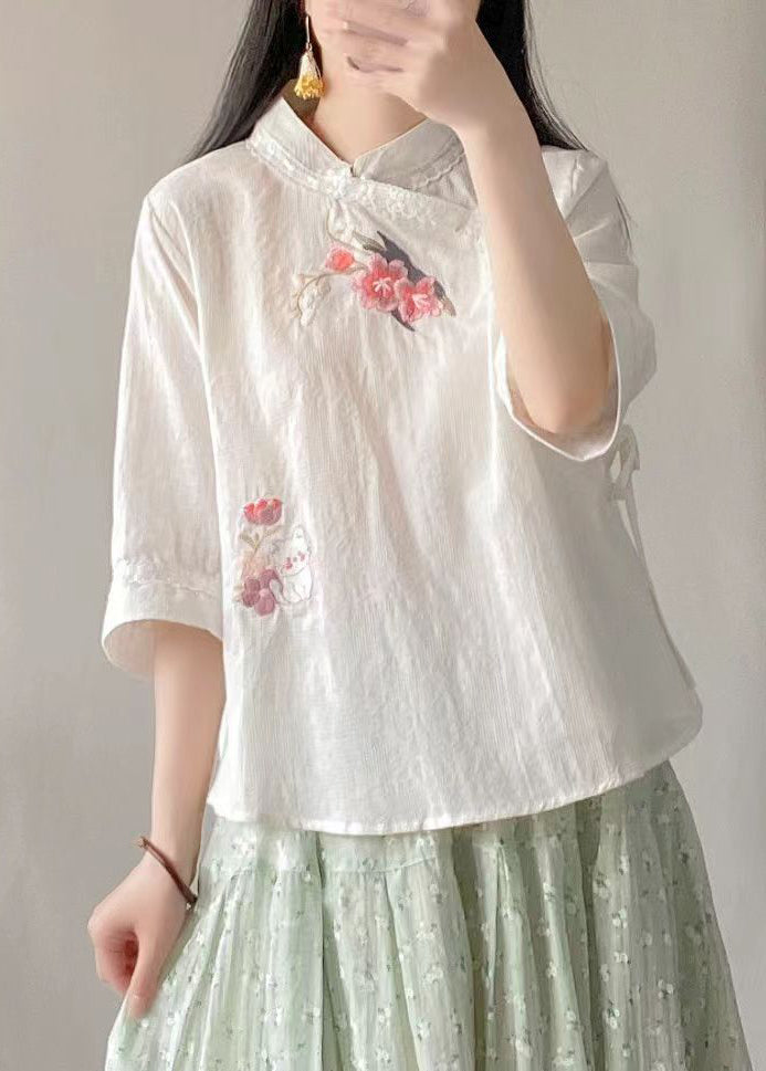 Chinese Style Pink Stand Collar Embroideried Cotton Shirt Half Sleeve