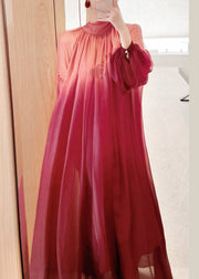 Chinese Style Pink Stand Collar Gradient Color Silk Long Dress Puff Sleeve