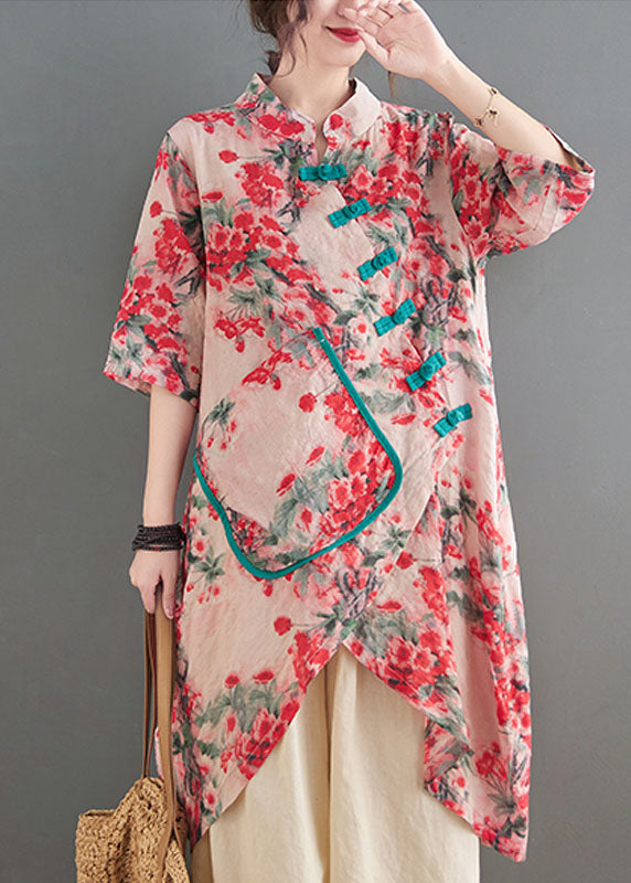 Chinese Style Pink Stand Collar Oriental Button Patchwork Linen Top Summer