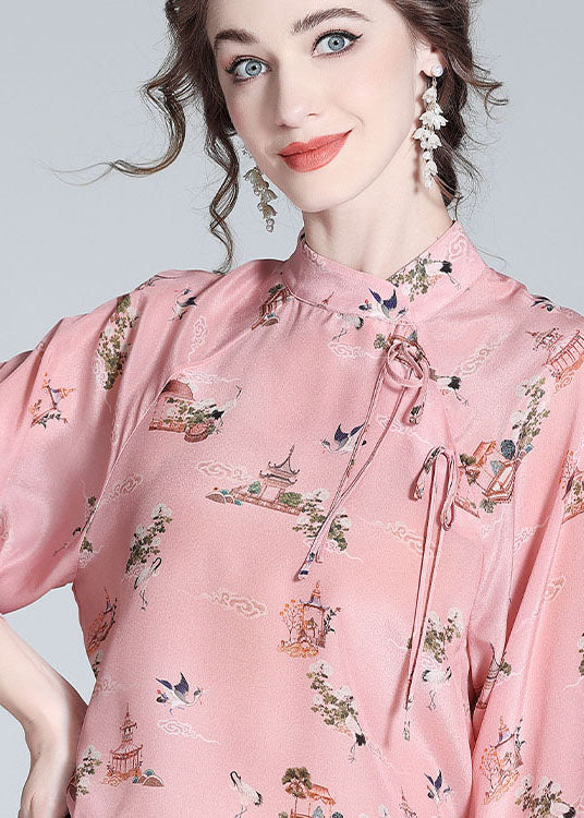 Chinese Style Pink Stand Collar Patchwork Print Silk Blouses Spring