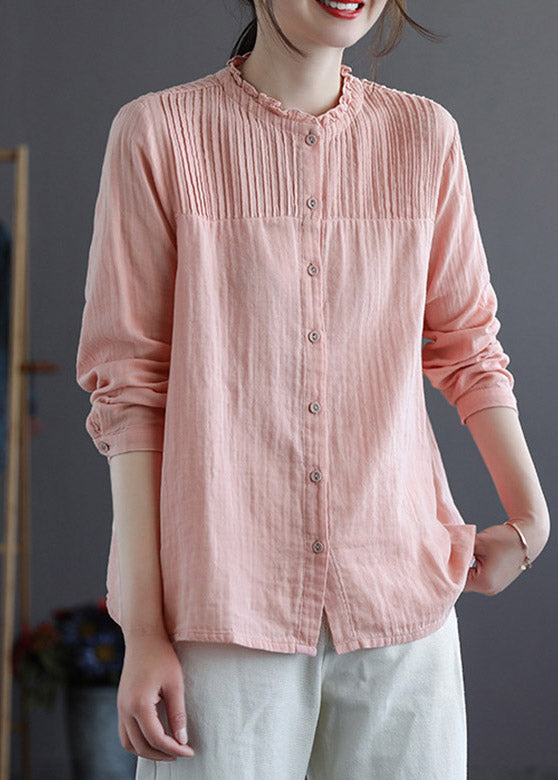 Chinese Style Pink Stand Collar Patchwork Wrinkled Button Cotton Shirts Long Sleeve