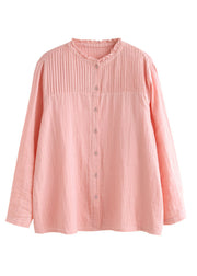 Chinese Style Pink Stand Collar Patchwork Wrinkled Button Cotton Shirts Long Sleeve