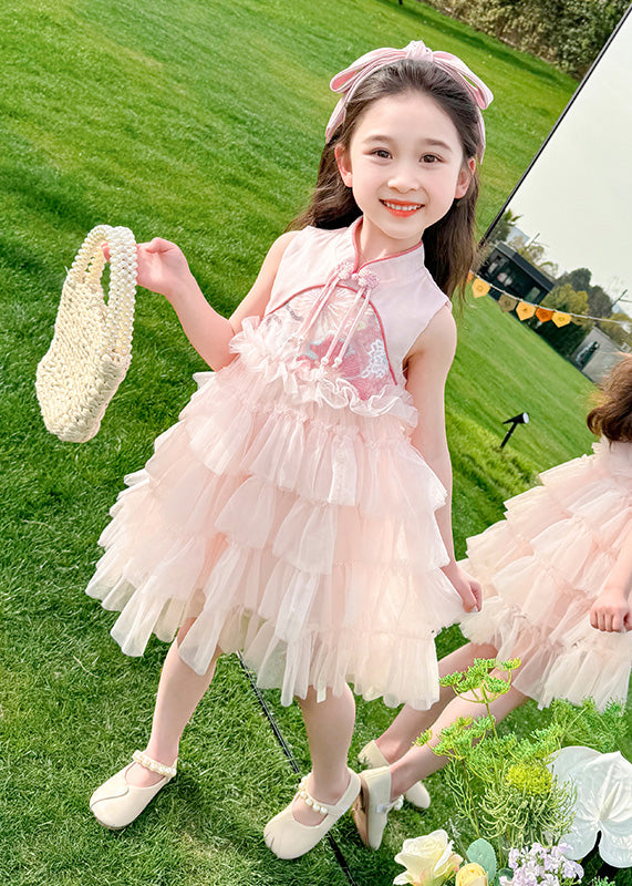Chinese Style Pink Stand Collar Ruffled Patchwork Tassel Tulle Kids Maxi Dress Summer