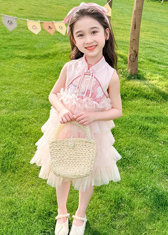 Chinese Style Pink Stand Collar Ruffled Patchwork Tassel Tulle Kids Maxi Dress Summer