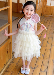 Chinese Style Pink Stand Collar Ruffled Patchwork Tassel Tulle Kids Maxi Dress Summer