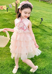 Chinese Style Pink Stand Collar Ruffled Patchwork Tassel Tulle Kids Maxi Dress Summer