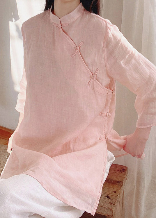 Chinese Style Pink Stand Collar Side Open Cotton Top Spring