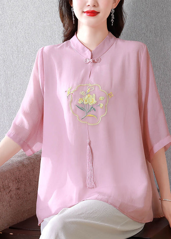 Chinese Style Pink Tasseled Embroidered Silk Blouse Top Half Sleeve