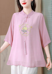 Chinese Style Pink Tasseled Embroidered Silk Blouse Top Half Sleeve