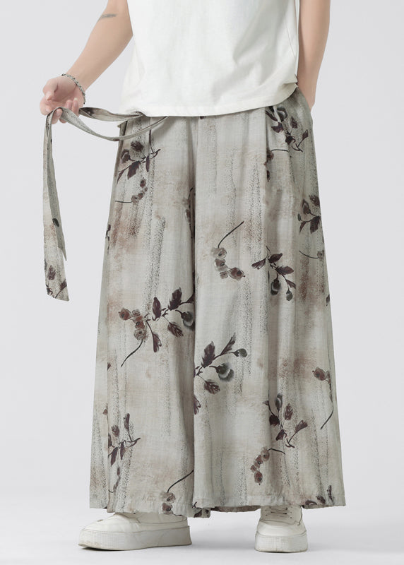 Chinese Style Pockets Print Ice Silk Men Wide Leg Pants Summer