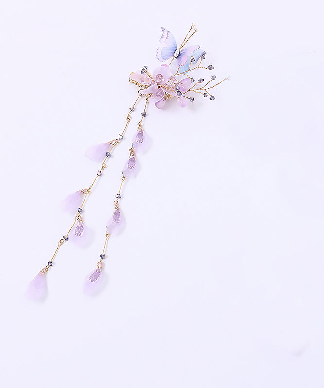 Chinese Style Purple Acrylic Cloth Butterfly Floral Tassel Hairpin