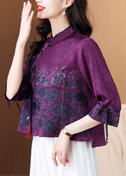 Chinese Style Purple Embroidered Lace Up Silk Shirt Spring