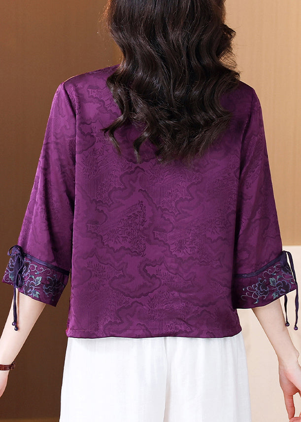 Chinese Style Purple Embroidered Lace Up Silk Shirt Spring