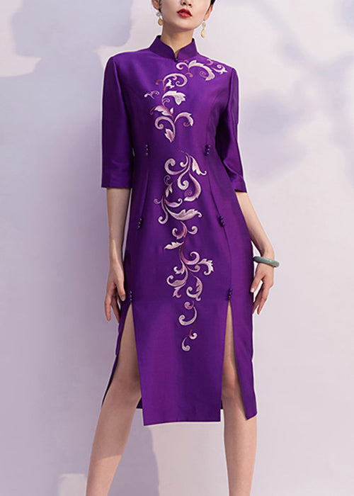 Chinese Style Purple Embroidered Side Open Silk Dresses Half Sleeve