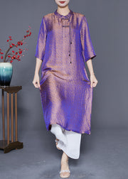 Chinese Style Purple Mandarin Collar Gradient Color Tassel Silk Long Dress Summer