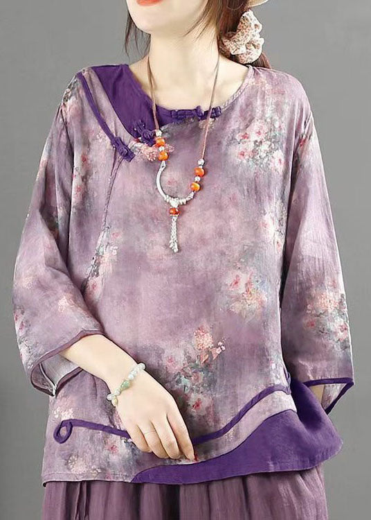 Chinese Style Purple O Neck Button Print Patchwork Linen Top Summer