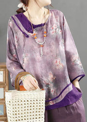 Chinese Style Purple O Neck Button Print Patchwork Linen Top Summer