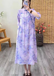 Chinese Style Purple Print Button Patchwork Linen Dresses Summer